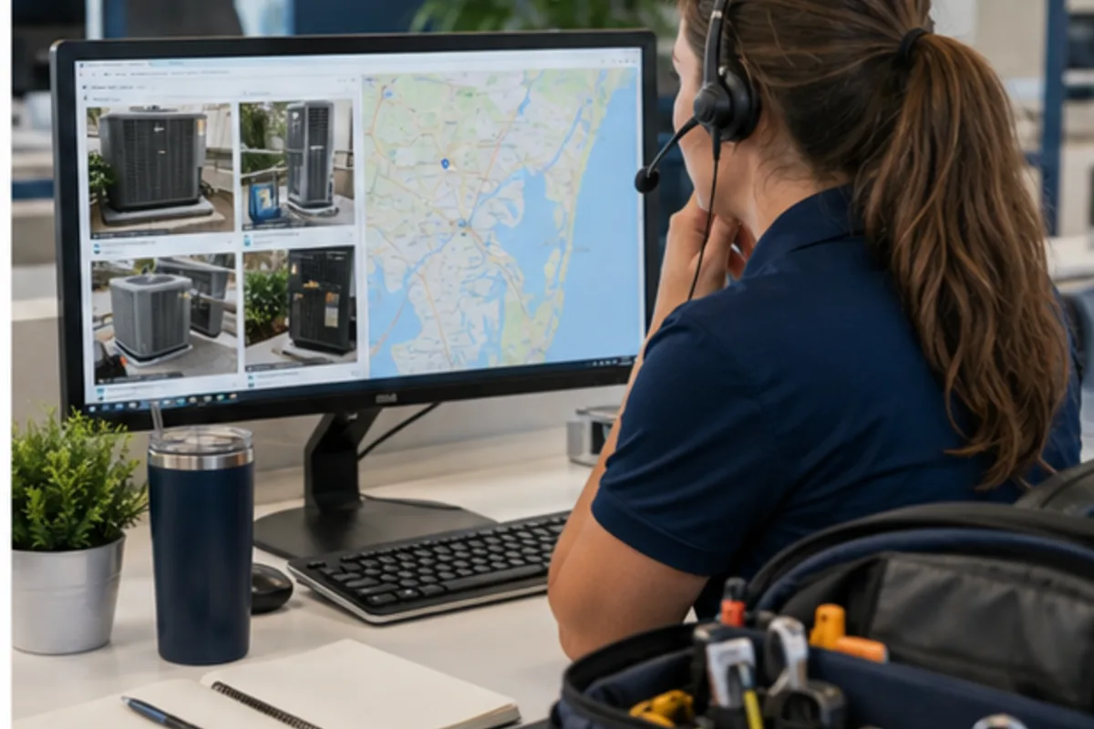 HVAC service request coordinator reviewing Jacksonville system details