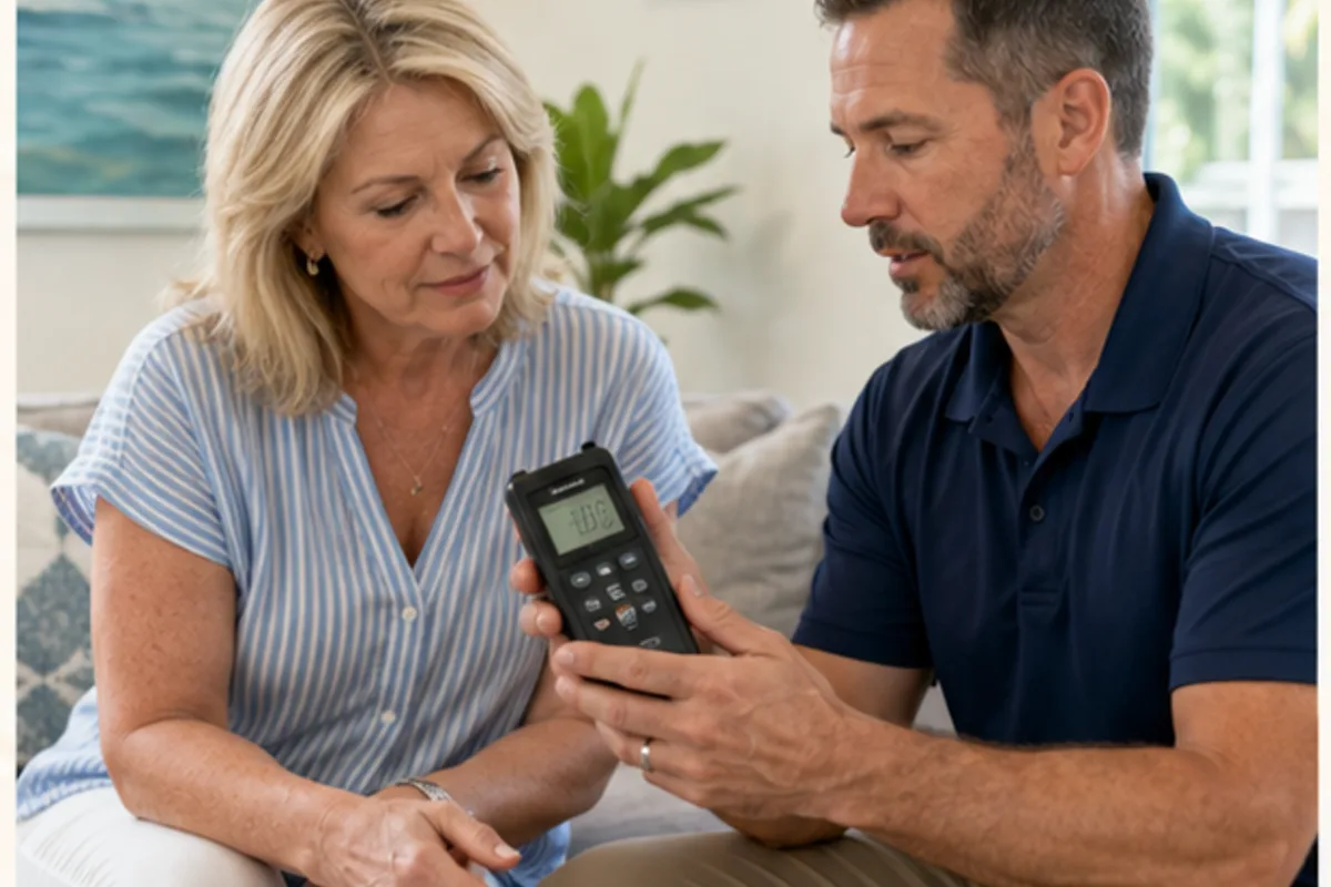 Technician reviewing indoor humidity conditions with a Jacksonville homeowner